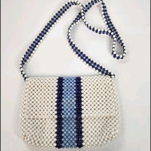 Isaac Mizrahi Beaded Blue & White Crossbody Bag Resort Vacation Nautical Boho